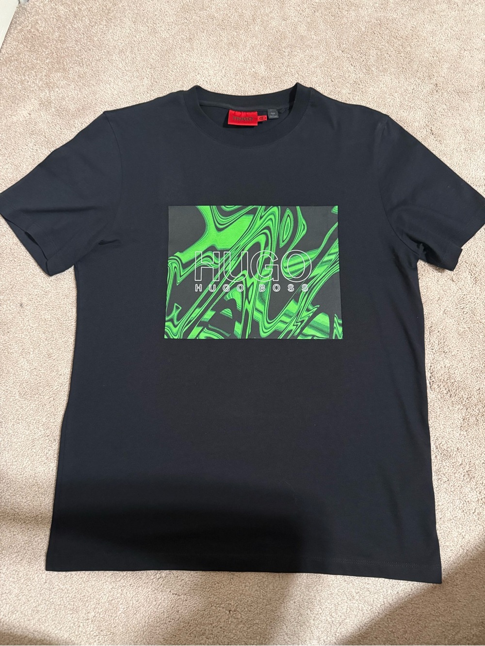 Hugo Boss Black T‑Shirt with Neon Green Swirl Logo Panel